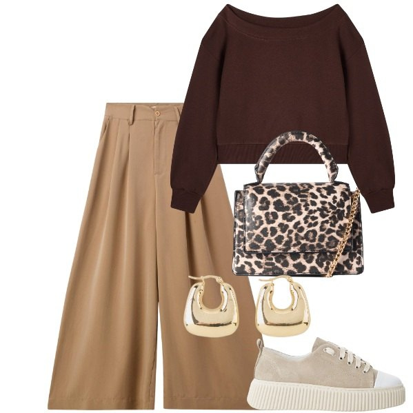 Outfit donna - Ottobre si avvicina. Stile Trendy per Tutti i giorni. Abbinamento con orecchini, pantaloni, borse a tracolla, felpe, sneakers.