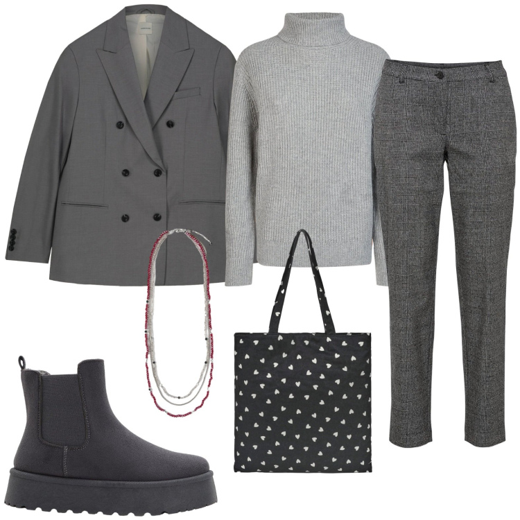 Outfit donna - Grigio, filo rosso e cuoricini. Stile Casual per Tutti i giorni. Abbinamento con pantaloni, stivaletti chelsea, borse tote, maglieria, blazer, collane.