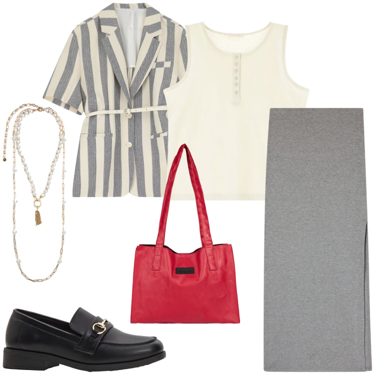Outfit donna - Borsa rossa. Stile Casual chic per Ufficio. Abbinamento con mocassini, gonne lunghe, canottiere, blazer, shopping bag, collane.
