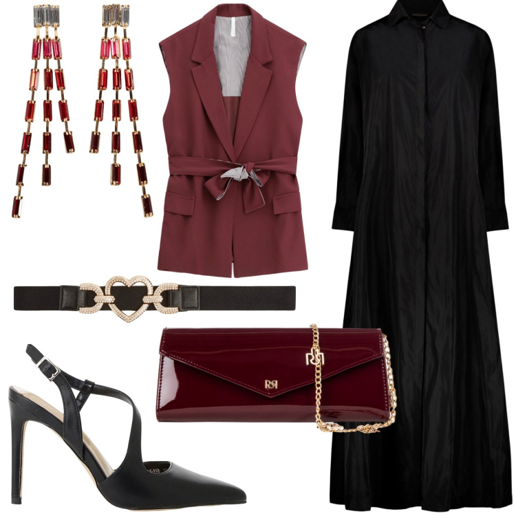 Outfit donna - Serata di gala con il cuore. Stile Glamour per Serata fuori. Abbinamento con orecchini, cinture, pochette, décolleté, gilet, vestiti.