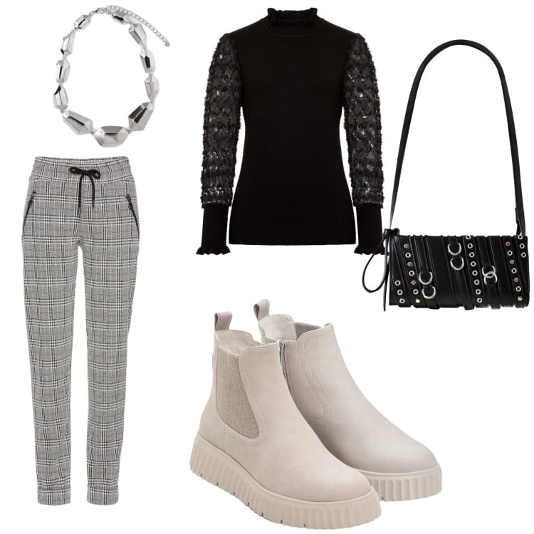 Outfit donna - Autunno in Bon Prix. Stile Casual per Tutti i giorni. Abbinamento con pantaloni, maglieria, stivaletti, borse a spalla, ciondoli.