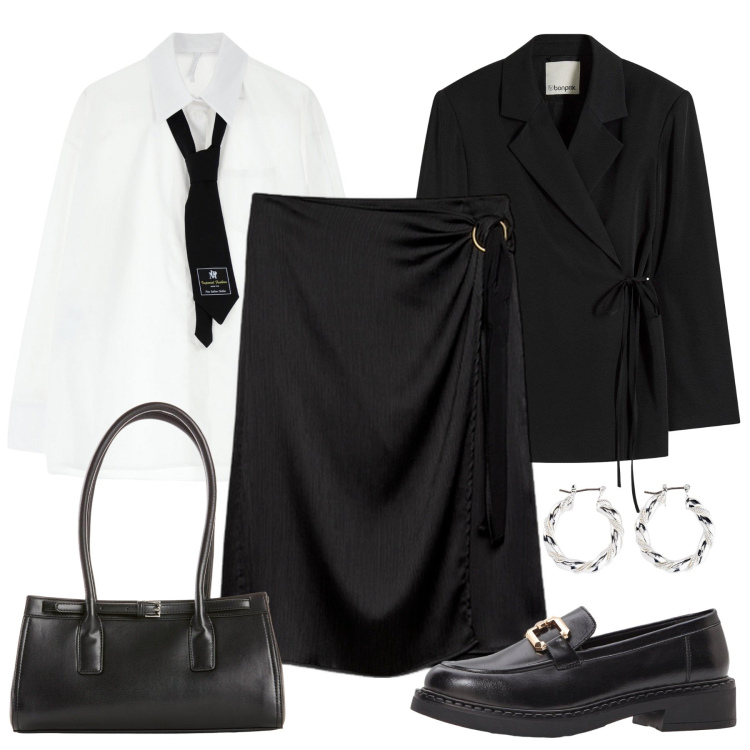 Outfit donna - Androgina con la gonna. Stile Mannish per Tutti i giorni. Abbinamento con orecchini, borse a mano, mocassini, blazer, camicie, gonne longuette.