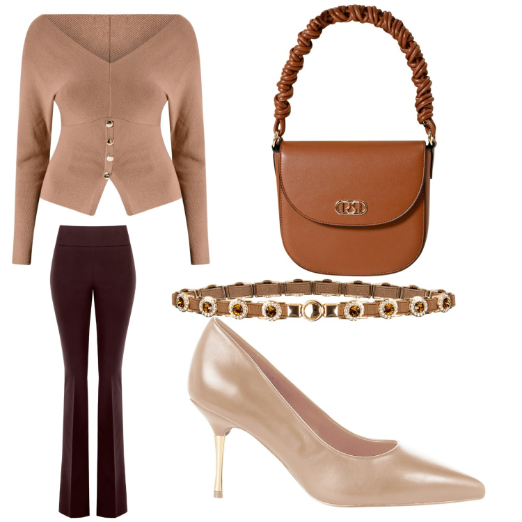 Outfit donna - Autunno in Rinascimento. Stile Casual chic per Tutti i giorni. Abbinamento con décolleté, maglieria, borse a mano, cinture, pantaloni.