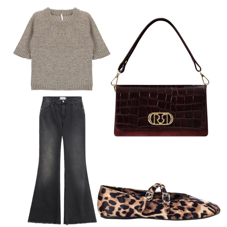 Outfit donna - Aperitivo. Stile Trendy per Tutti i giorni. Abbinamento con ballerine, borse a mano, jeans a zampa, maglieria.