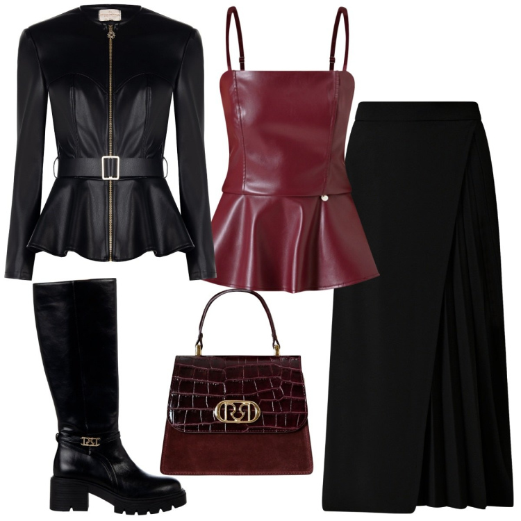 Outfit donna - Total look #2252183. Stile Rock per Serata fuori. Abbinamento con top, blazer, gonne longuette, borse a mano, stivali sopra il ginocchio.