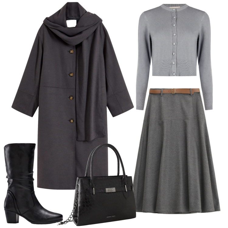 Outfit donna - Il ritorno del grigio. Stile Casual chic per Tutti i giorni. Abbinamento con stivali, borse a mano, cappotti, cardigans, gonne lunghe.
