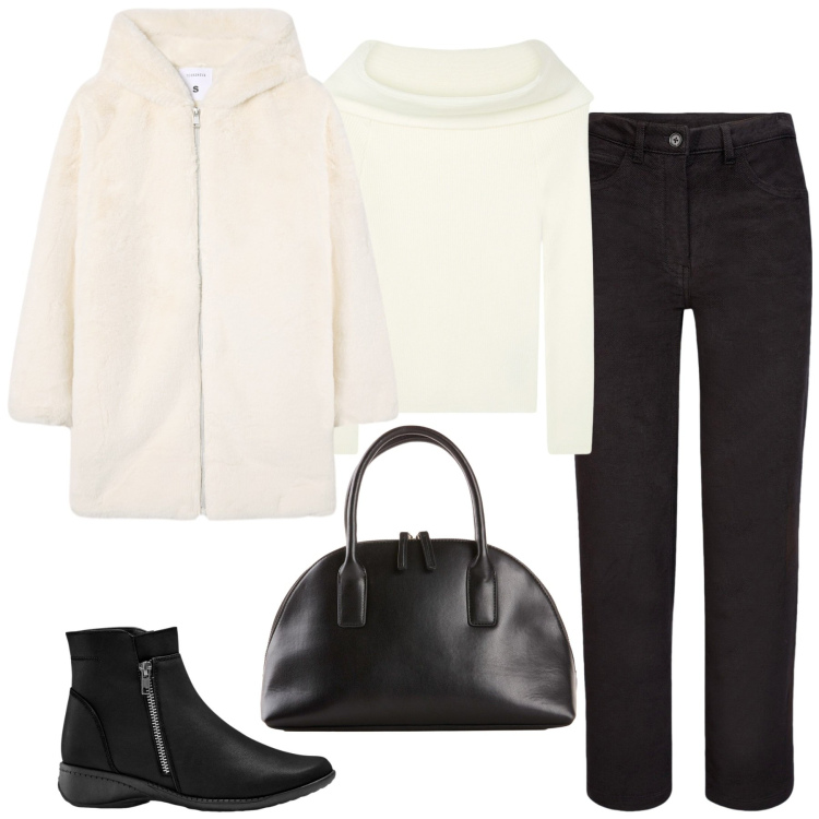 Outfit donna - Passeggiata in centro la domenica. Stile Casual chic per Tutti i giorni. Abbinamento con stivaletti, shopping bag, maglieria, cappotti, pantaloni.