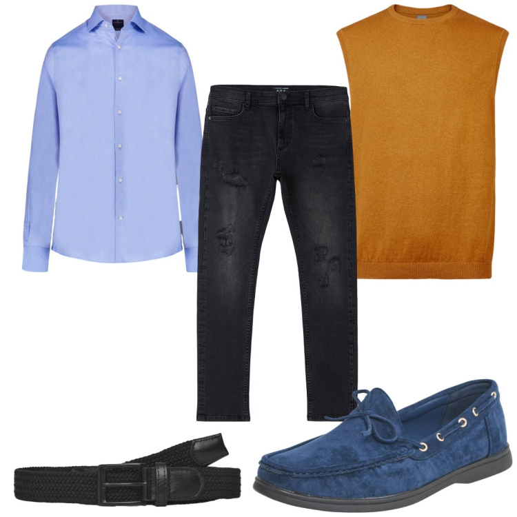 Outfit uomo - Total look #2252193. Stile Casual per Tutti i giorni. Abbinamento con cinture, jeans strappati, scarpe stringate, camicie, gilet.
