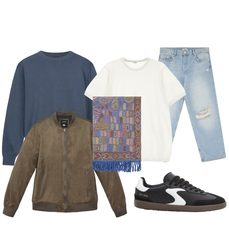 Outfit uomo - In città. Stile Trendy per Ufficio. Abbinamento con sneakers, giacche, jeans strappati, t-shirt, sciarpe, maglieria.