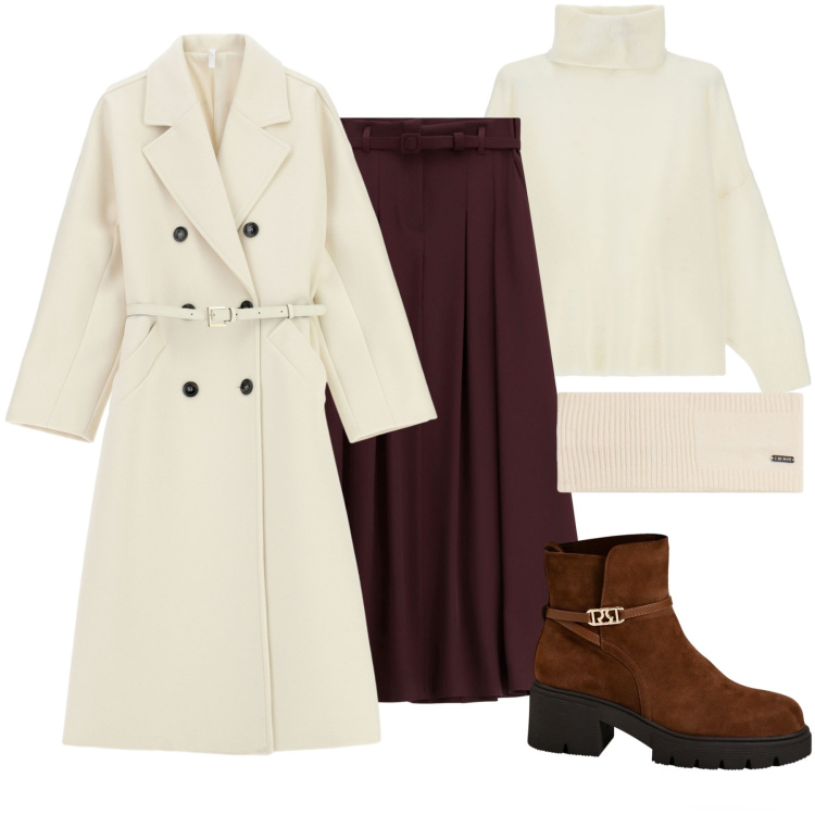 Outfit donna - Il cappotto bianco. Stile Casual chic per Tutti i giorni. Abbinamento con stivaletti, cappotti, gonne lunghe, maglieria, accessori per capelli.
