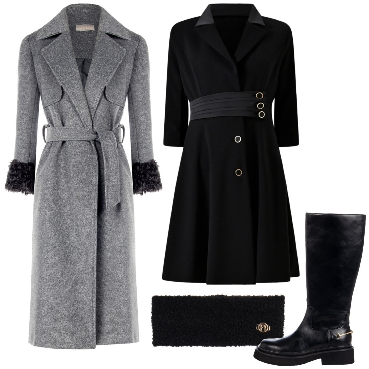 Outfit donna - Il cappotto 3 in 1. Stile Chic per Cerimonia. Abbinamento con cappotti, stivali sopra il ginocchio, vestiti midi/longuette, fasce per capelli.