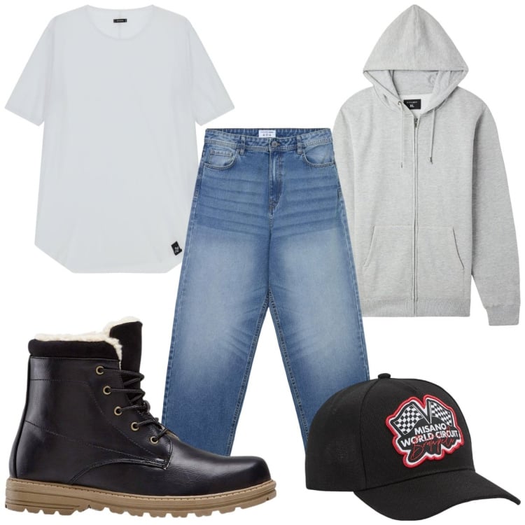Outfit uomo - Total look #2252197. Stile Trendy per Tutti i giorni. Abbinamento con stivali e stivaletti, cappelli, felpe con cappuccio, jeans, t-shirt.