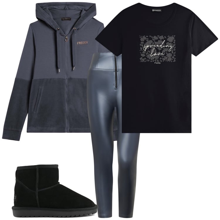 Outfit donna - Sportiva con Freddy. Stile Casual per Sport. Abbinamento con pantaloni skinny, t-shirt, felpe con cappuccio, stivali.