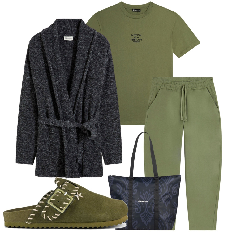 Outfit donna - Tutti i giorni. Stile Basic per Tutti i giorni. Abbinamento con cardigans, pantaloni, t-shirt, shopping bag, sabot.