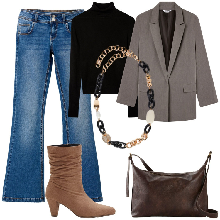 Outfit donna - La domenica in centro. Stile Basic per Tutti i giorni. Abbinamento con stivaletti, borse a tracolla, jeans a zampa, blazer, maglieria, collane.