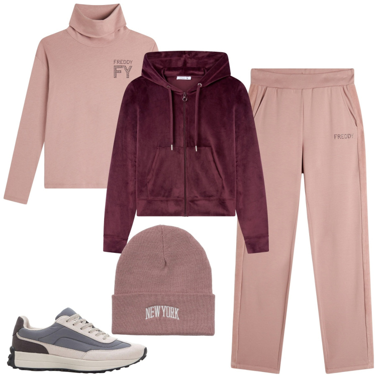 Outfit donna - Total look #2252210. Stile Sporty chic per Sport. Abbinamento con sneakers, felpe con cappuccio, berretti, pantaloni, t-shirt.