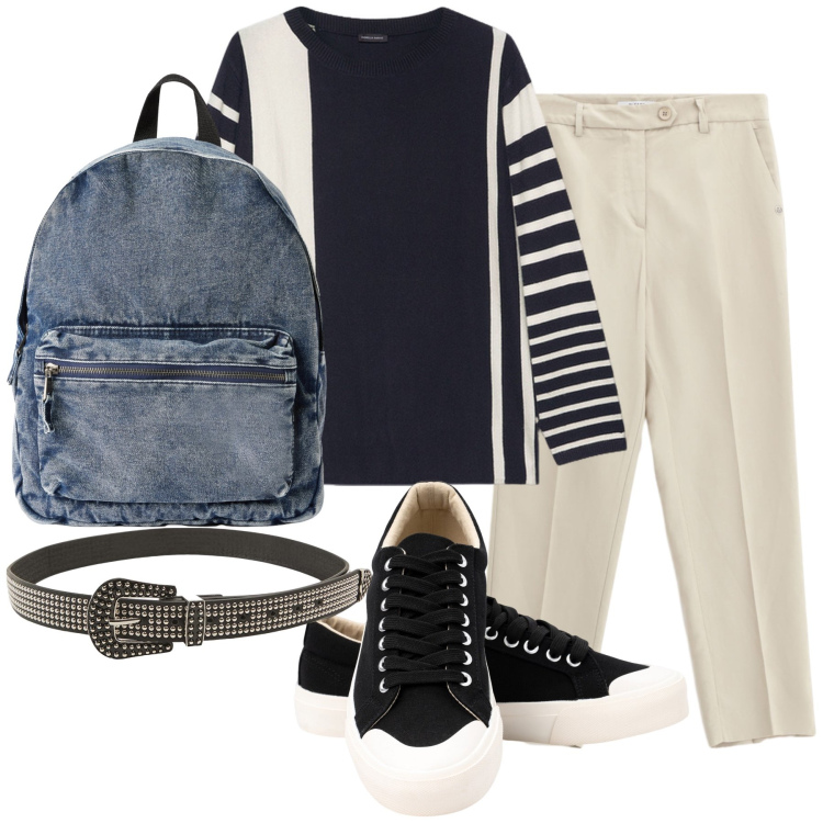 Outfit donna - Total look #2252215. Stile Casual chic per Tutti i giorni. Abbinamento con cinture, zaini, pantaloni chino, sneakers, maglieria.