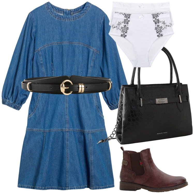 Outfit donna - Giornata Bonprix. Stile Casual chic per Tutti i giorni. Abbinamento con vestiti, culotte, stivaletti, borse a mano, cinture.