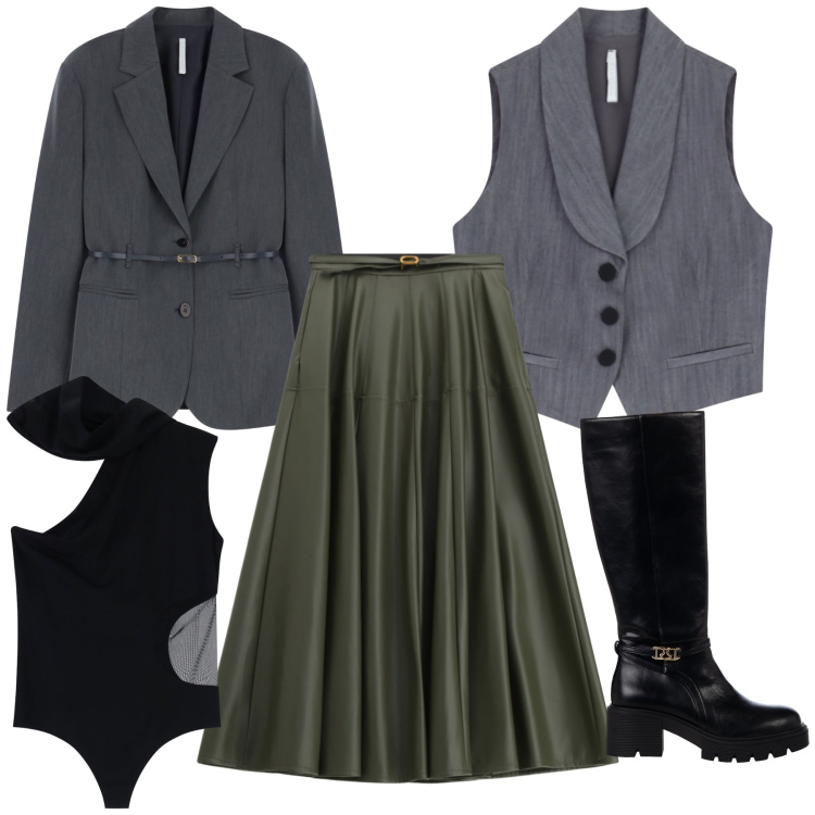 Outfit donna - Body gilet che Imperial look. Stile Urban per Ufficio. Abbinamento con stivali sopra il ginocchio, gilet, blazer, body, gonne lunghe.