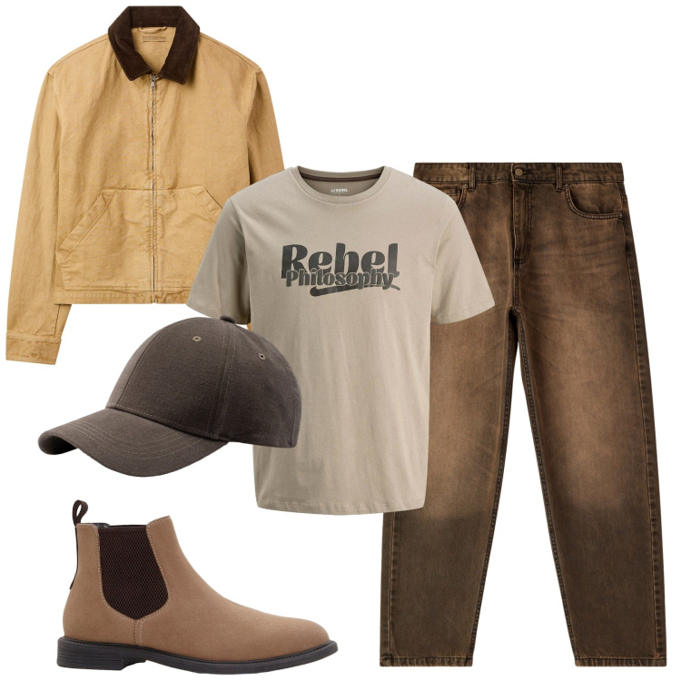 Outfit uomo - Total look #2252220. Stile Casual per Tutti i giorni. Abbinamento con stivali e stivaletti, t-shirt, cappotti, jeans, cappelli con visiera.