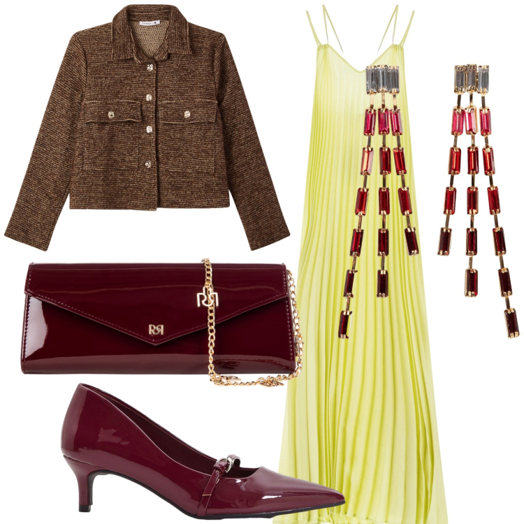 Outfit donna - Scoppiettante festa di compleanno. Stile Glamour per Serata fuori. Abbinamento con orecchini, décolleté, blazer, pochette, vestiti lunghi.