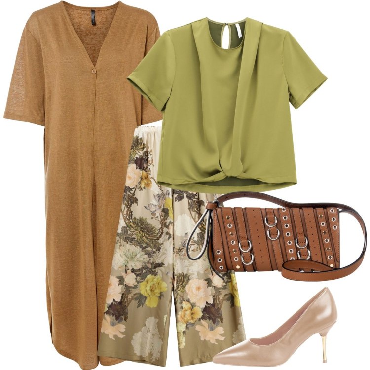 Outfit donna - Il pantalone a fiori. Stile Basic per Ufficio. Abbinamento con cardigans, borse a spalla, décolleté, bluse, pantaloni a palazzo.