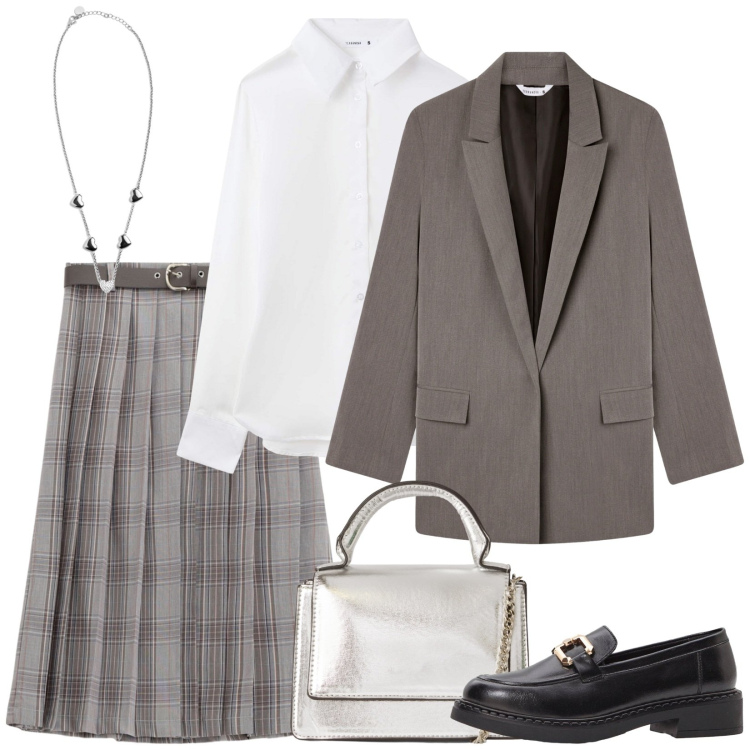 Outfit donna - College. Stile Preppy per Scuola/Università. Abbinamento con mocassini, borse a tracolla, blazer, camicie, gonne, collane.