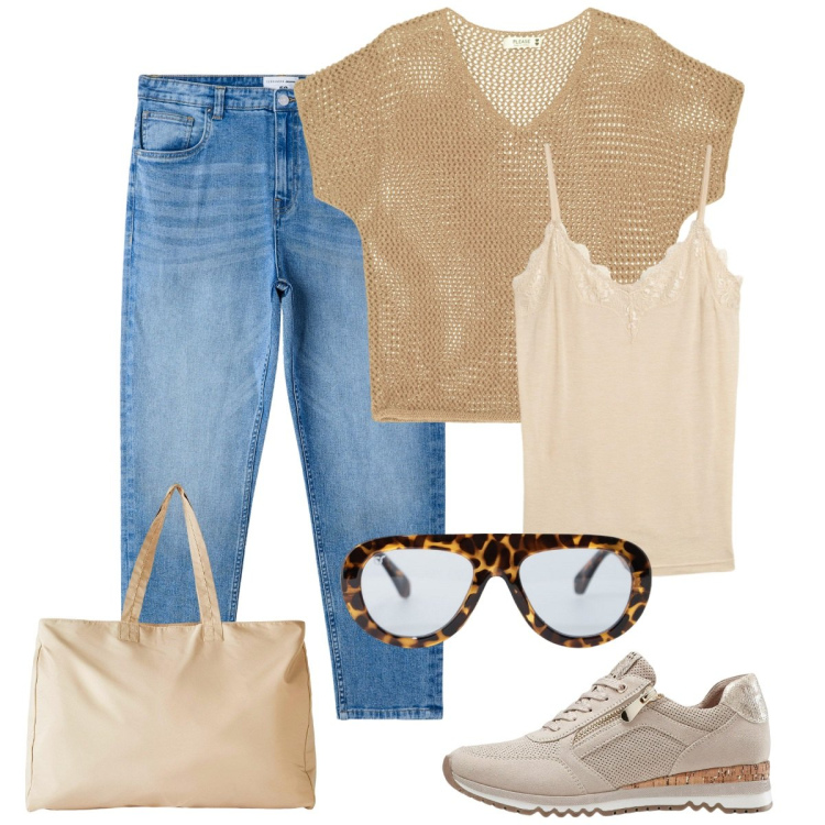 Outfit donna - L\'occhiale che da all\'occhio. Stile Casual per Tutti i giorni. Abbinamento con sneakers, top, shopping bag, jeans mom, maglieria, occhiali da sole.