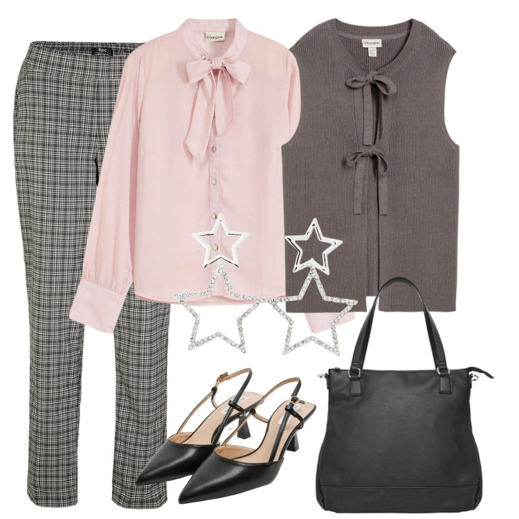 Outfit donna - Stella. Stile Basic per Ufficio. Abbinamento con pantaloni, cardigans, camicie, orecchini, sabot, shopping bag.