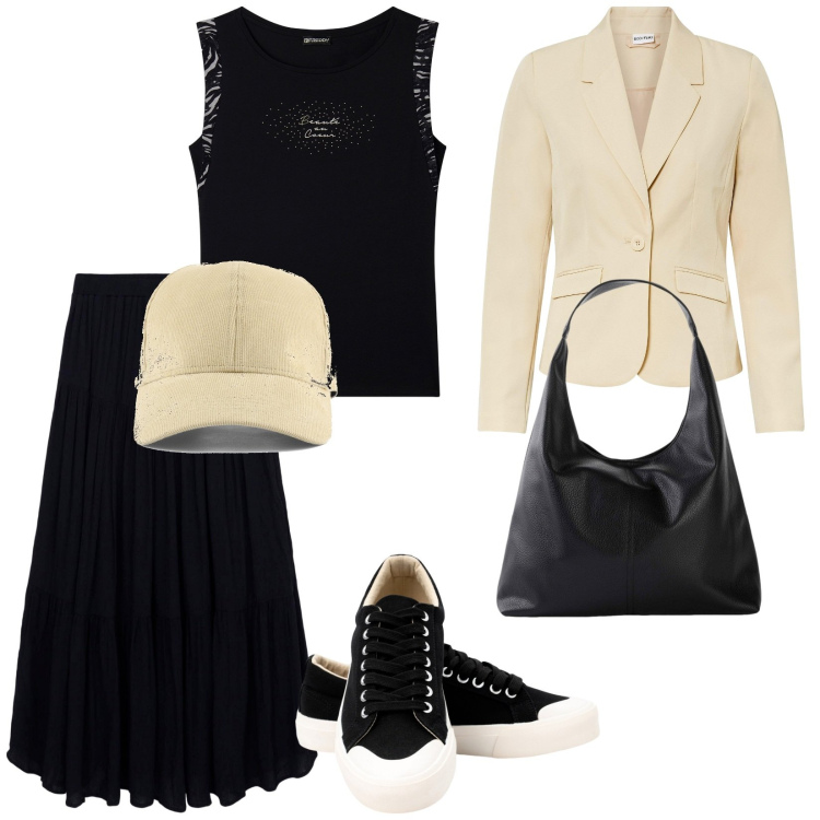 Outfit donna - Buon pomeriggio. Stile Casual chic per Tutti i giorni. Abbinamento con blazer, shopping bag, gonne lunghe, t-shirt, sneakers, cappelli con visiera.