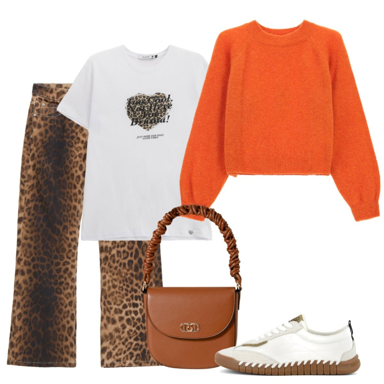 Outfit donna - Arancine. Stile Basic per Tutti i giorni. Abbinamento con borse a mano, pantaloni, t-shirt, maglieria, sneakers.