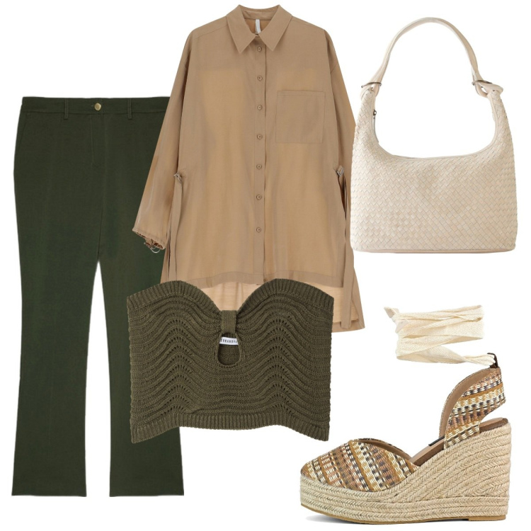 Outfit donna - La camicia trasparente. Stile Casual chic per Tutti i giorni. Abbinamento con shopping bag, top, camicie, zeppe, pantaloni.