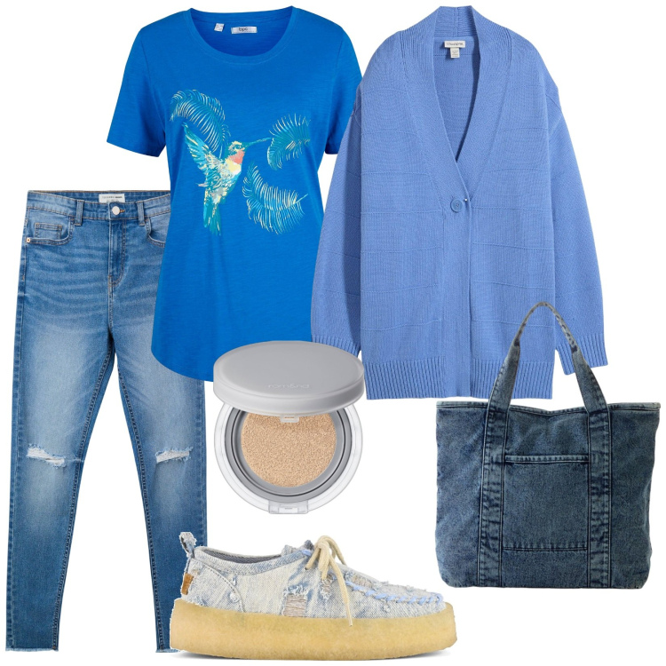 Outfit donna - A fare la spesa. Stile Casual per Tutti i giorni. Abbinamento con cardigans, maglieria, shopping bag, fondotinta, jeans strappati, mocassini.