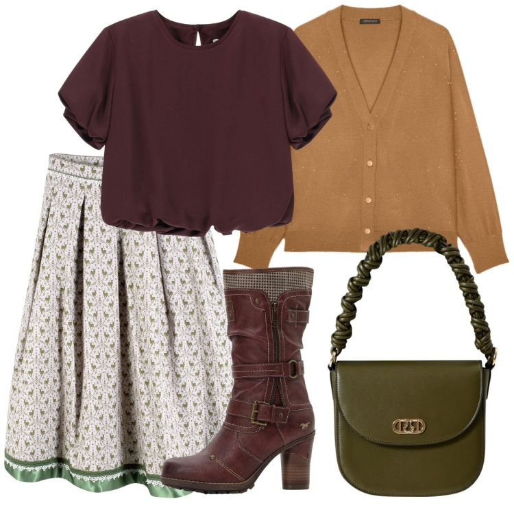 Outfit donna - La gonna. Stile Etnico per Serata fuori. Abbinamento con gonne longuette, stivali, borse a mano, camicie a manica corta, cardigans.