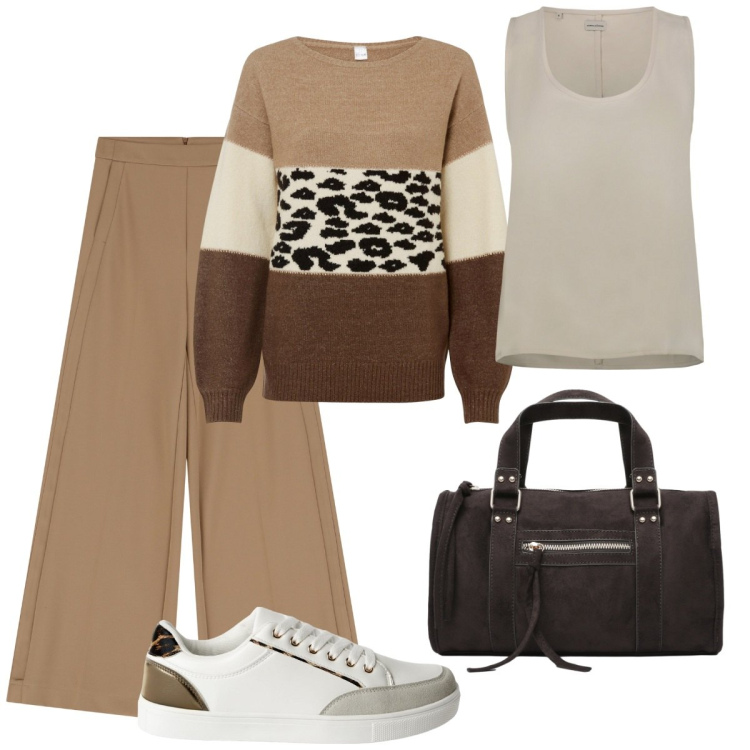 Outfit donna - Il pullover. Stile Basic per Ufficio. Abbinamento con maglieria, sneakers, borse a mano, pantaloni a palazzo, top.
