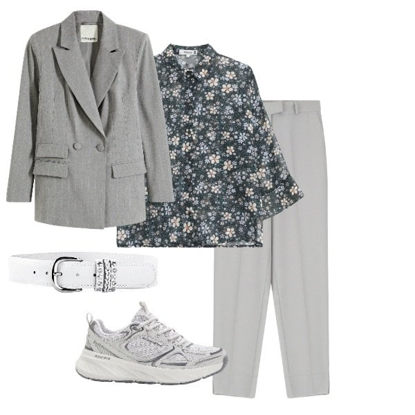 Outfit donna - Grigio e fiori. Stile Glamour per Ufficio. Abbinamento con cinture, blazer, sneakers, camicie, pantaloni.