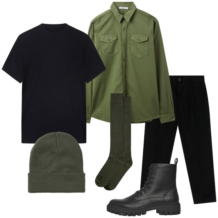Outfit uomo - Total look #2252239. Stile Casual per Tutti i giorni. Abbinamento con camicie, anfibi, berretti, pantaloni chino, t-shirt, calzini.