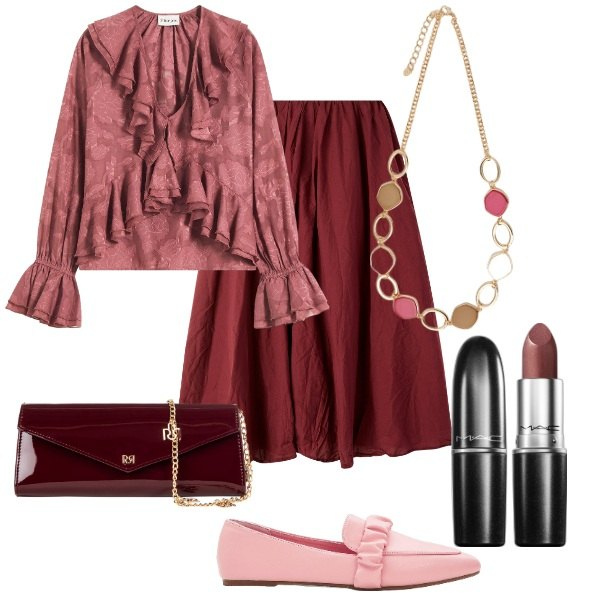Outfit donna - Femminile in mocassini. Stile Romantica per Tutti i giorni. Abbinamento con mocassini, bluse, rossetti, gonne lunghe, pochette, collane.