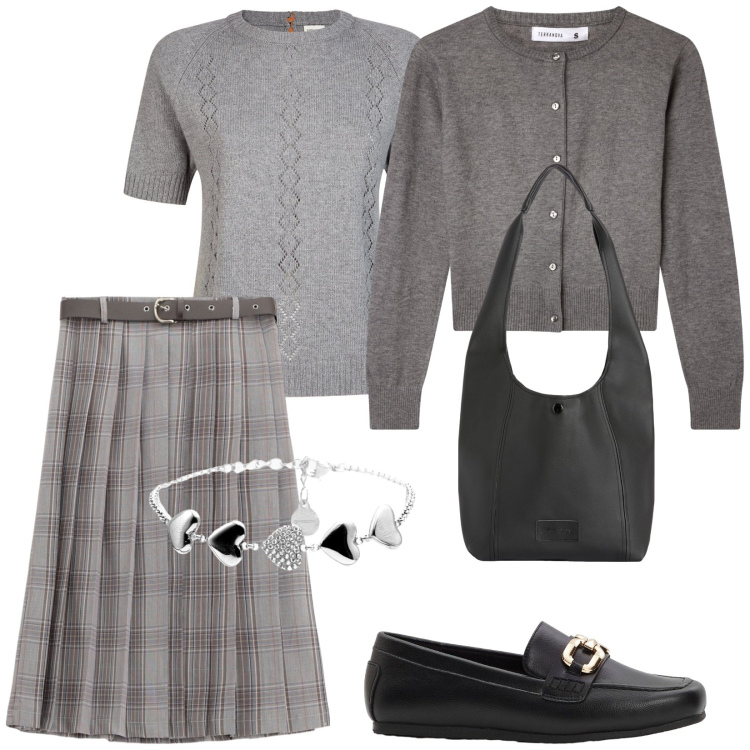 Outfit donna - Mocassini e gonna. Stile Bon Ton per Tutti i giorni. Abbinamento con mocassini, cardigans, gonne, borse a spalla, braccialetti, maglieria.