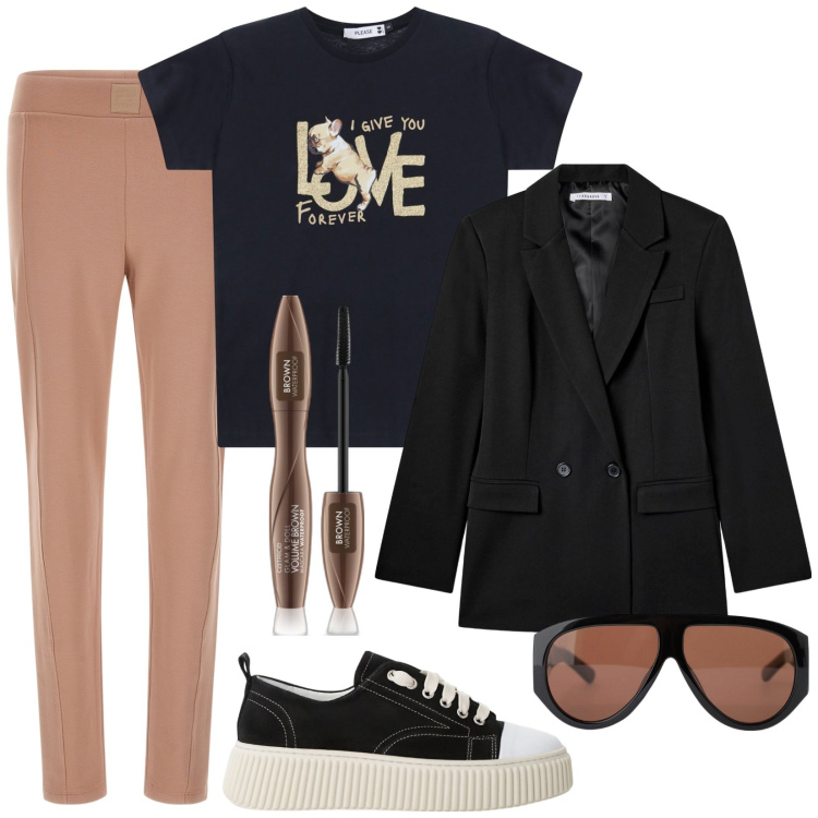 Outfit donna - Passeggiando in centro. Stile Trendy per Tutti i giorni. Abbinamento con mascara, blazer, t-shirt, occhiali da sole, sneakers, pantaloni.