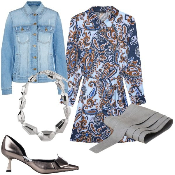 Outfit donna - Grigio... ma vivace. Stile Glamour per Tutti i giorni. Abbinamento con blazer, décolleté, cinture, vestiti chemisier, ciondoli.