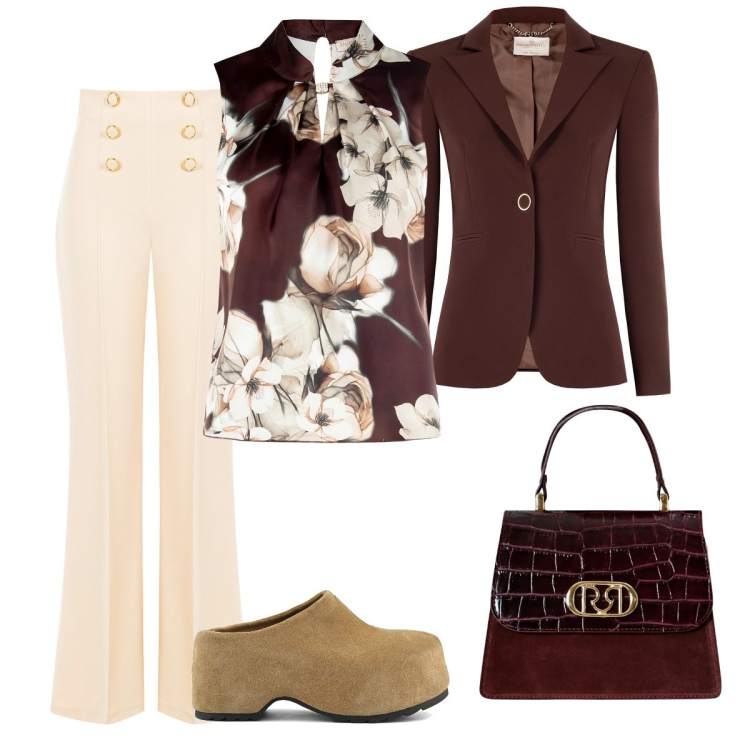 Outfit donna - Dalla scarpa comoda. Stile Basic per Ufficio. Abbinamento con blazer, pantaloni, top, borse a mano, zoccoli.