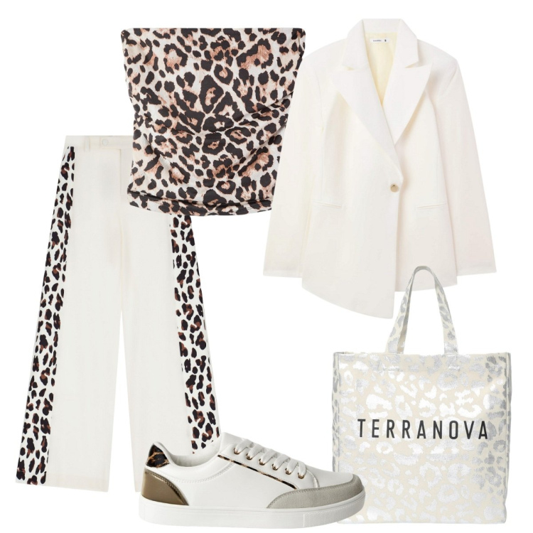 Outfit donna - Passeggiata in centro. Stile Basic per Tutti i giorni. Abbinamento con top, blazer, sneakers, borse tote, pantaloni a palazzo.