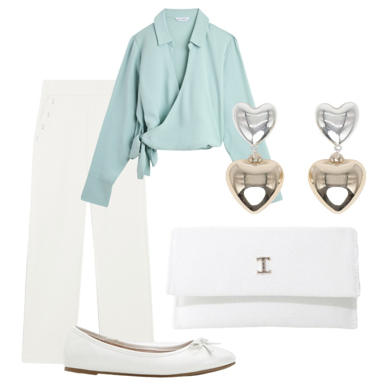 Outfit donna - Cuoricini. Stile Bon Ton per Ufficio. Abbinamento con ballerine, camicie, orecchini, borse a tracolla, pantaloni.