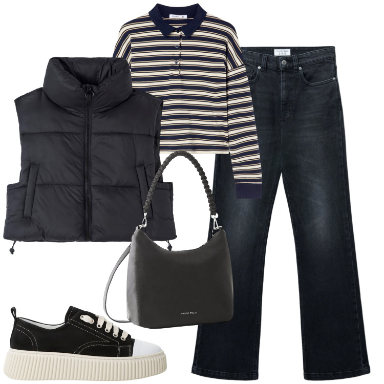 Outfit donna - Settembre. Stile Casual per Tutti i giorni. Abbinamento con borse a mano, piumini, jeans bootcut, polo, sneakers.