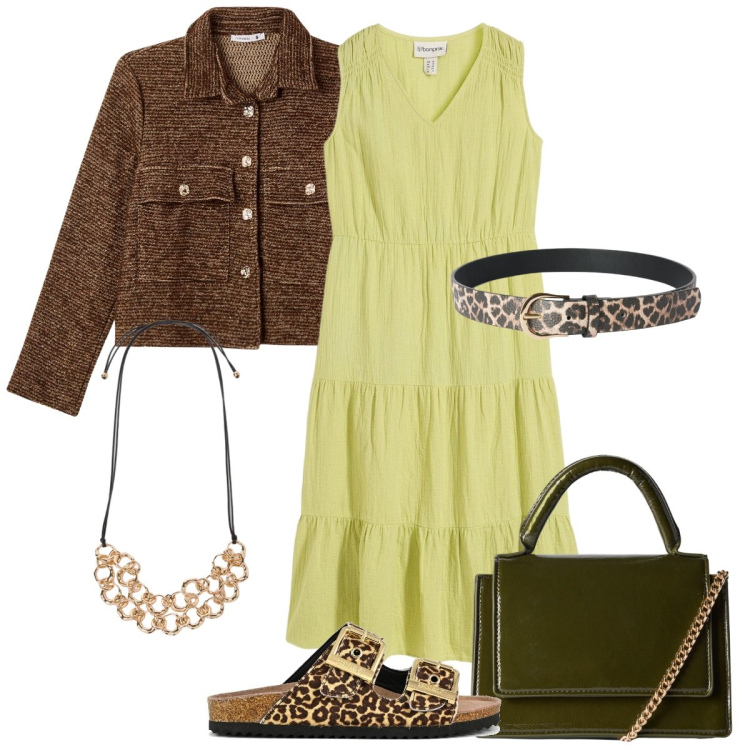 Outfit donna - Sere fine settembre. Stile Trendy per Serata fuori. Abbinamento con vestiti, borse a tracolla, cinture, blazer, collane, sandali in pelle.