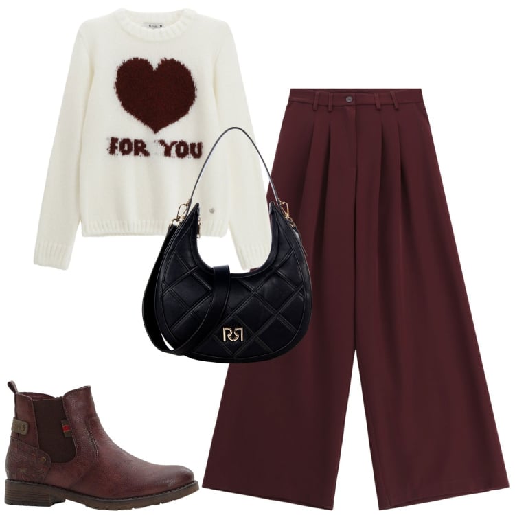 Outfit donna - City. Stile Urban per Tutti i giorni. Abbinamento con stivaletti, borse a tracolla, pantaloni, pullovers.