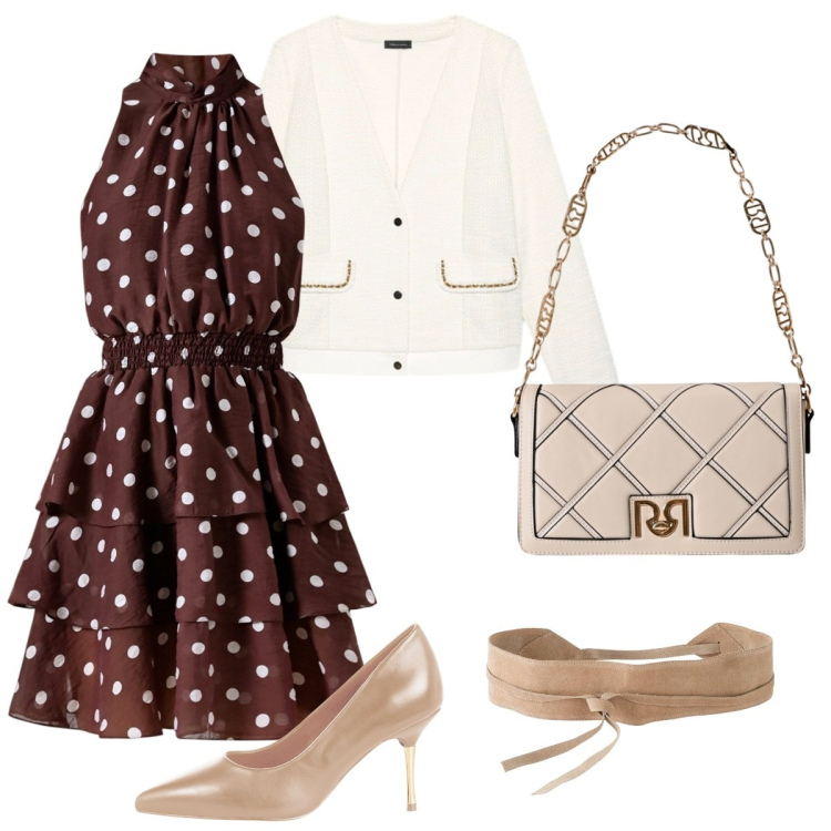 Outfit donna - Elegante a pois. Stile Romantica per Serata fuori. Abbinamento con cinture, décolleté, borse a tracolla, vestiti senza maniche, blazer.