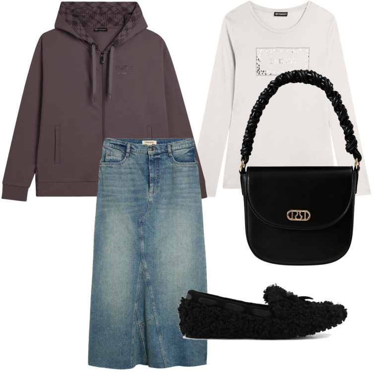 Outfit donna - Gonna e mocassini per settembre. Stile Minimal per Tutti i giorni. Abbinamento con gonne, borse a mano, t-shirt, felpe con cappuccio, mocassini.