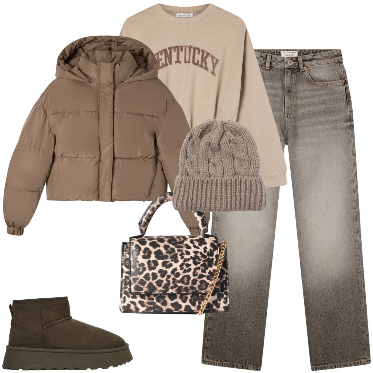 Outfit donna - City. Stile Casual chic per Tutti i giorni. Abbinamento con borse a tracolla, stivali, jeans dritti, bomber, felpe, berretti.